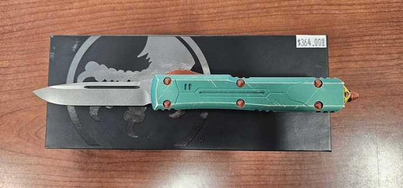 Microtech Ultratech Bounty Hunter OTF Knife S/E Drop Point Apocalyptic SS Blade/Green Bounty Hunter Alum. Handle SKU 121-10BH