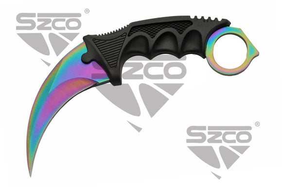 Karambit Knife w/Sheath Rainbow Stainless-Steel Blade/Black ABS Handle SKU 211431-RB