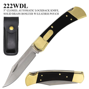 Automatic Folding Knife w/Leather Sheath 3CR13 Stainless-Steel Blade/Wood Scales Handle with Brass Bolsters SKU 222WDL