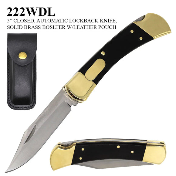 Automatic Folding Knife w/Leather Sheath 3CR13 Stainless-Steel Blade/Wood Scales Handle with Brass Bolsters SKU 222WDL