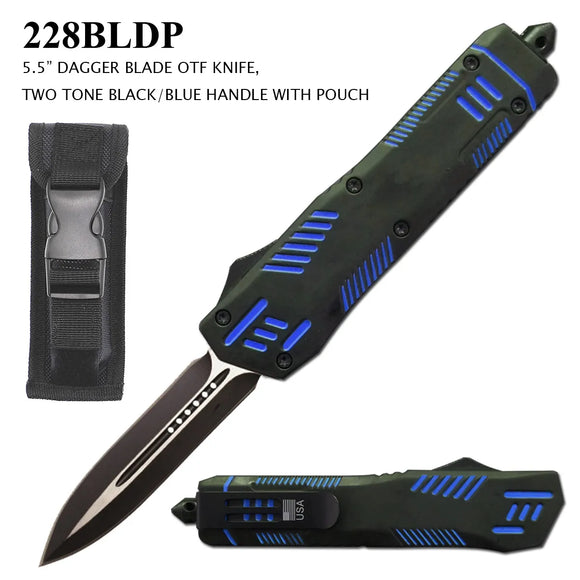 Armed Force Tactical Auto OTF Knife w/Sheath Stainless-Steel Dagger Blade/Black & Blue Zinc Alloy Handle SKU 228BLDP