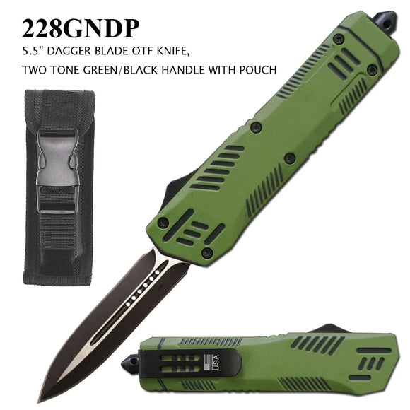 Armed Force Tactical Auto OTF Knife w/Sheath Stainless-Steel Dagger Blade/Green & Black Handle SKU 228GNDP