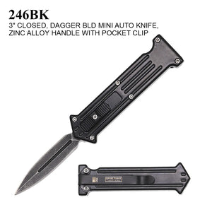 Armed Force Tactical Mini OTF SS Dagger Blade/Black Zinc Alloy Handle w/Pocket Clip SKU 246BK