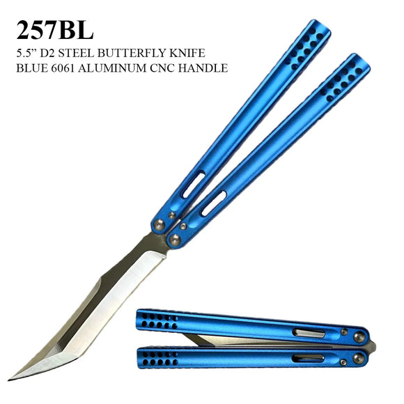 Butterfly Knife D2 Stainless-Steel Blade/CNC 6061 Blue Alum. Handle SKU 257BL