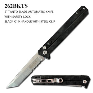 Armed Force Tactical Automatic Knife w/Safety Lock Stonewash Half Serr. Tanto SS Blade/Black G10 Handle SKU 262BKTS