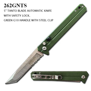 Armed Force Tactical Automatic Knife w/Safety Lock Stonewash Half Serr. Tanto SS Blade/Green G10 Handle SKU 262GNTS