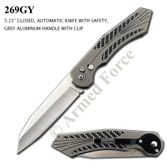 Armed Force Tactical Automatic Knife w/Safety Lock Stainless-Steel Blade/Gray Anodized Alum. Handle SKU 269GY