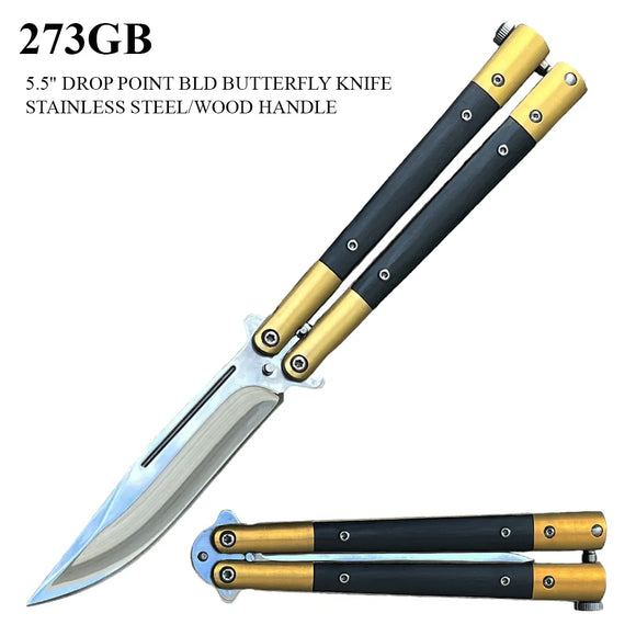 Butterfly Knife 440C Stainless-Steel Razor-Sharp Blade/Gold Stainless-Steel Handle w/Wood Inserts SKU 273GB