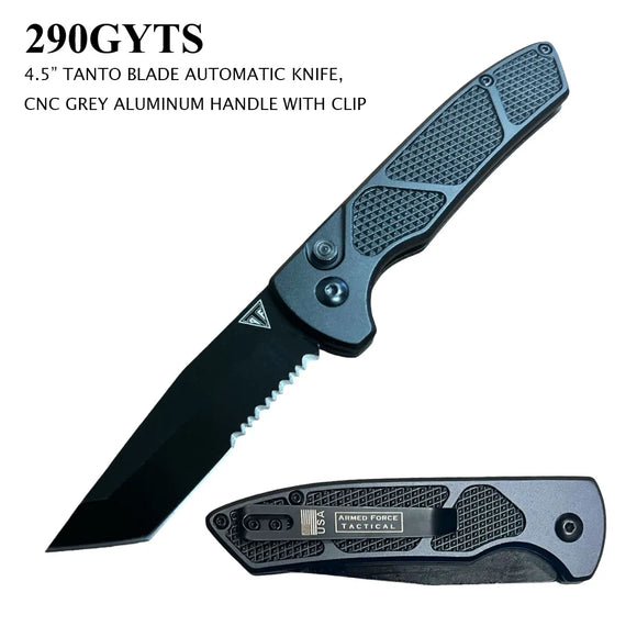 Armed Force Tactical Automatic Knife Black Half Serr. Tanto 3CR13 Stainless-Steel Blade/Gray CNC Alum. Handle SKU 290GYTS