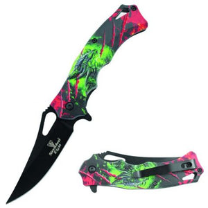 Snake Eye Tactical Spring Assist Knife Black 420 SS Blade/Green Dragon 3D Print Handle SKU SE-071GN