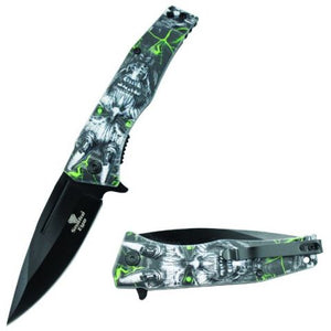 Snake Eye Tactical Spring Assist Knife Black 420 SS Blade/Green Demon 3D Print Handle SKU SE-080GN