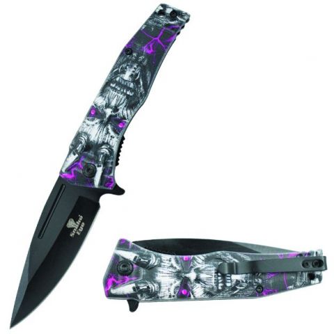 Snake Eye Tactical Spring Assist Knife Black 420 SS Blade/Purple Demon 3D Print Handle SKU SE-080PP