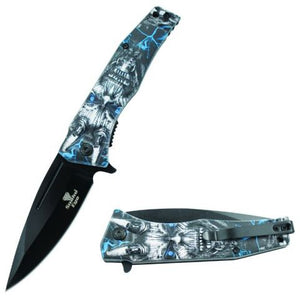 Snake Eye Tactical Spring Assist Knife Black 420 SS Blade/Blue Demon 3D Print Handle SKU SE-080BL