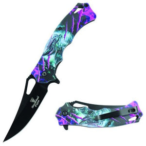 Snake Eye Tactical Spring Assist Knife Black 420 SS Blade/Blue Dragon 3D Print Handle SKU SE-071LB