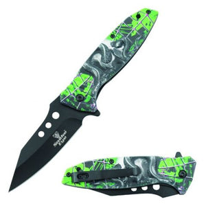 Snake Eye Tactical Spring Assist Knife Black 420 SS Blade/Green Snake 3D Print Handle SKU SE-078GN