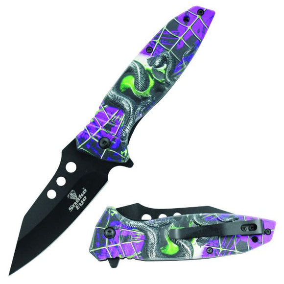 Snake Eye Tactical Spring Assist Knife Black 420 SS Blade/Purple Snake 3D Print Handle SKU SE-078PP