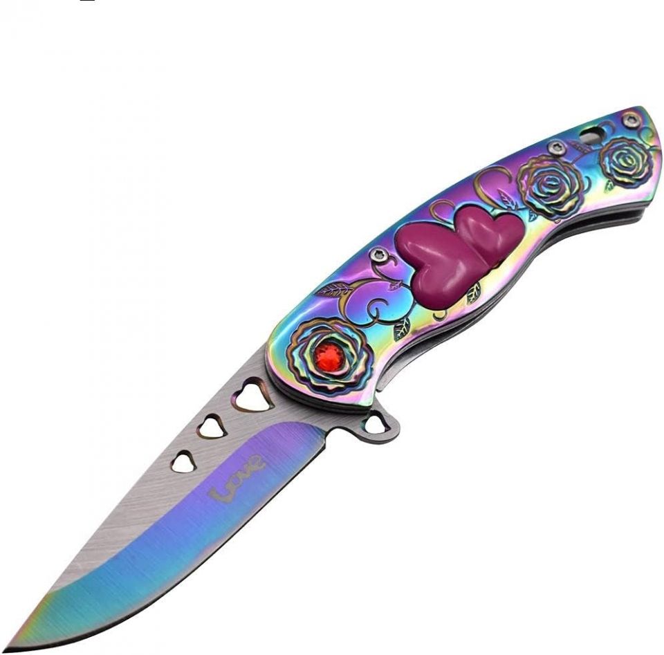 Snake Eye Spring Assist Cupid Heart Knife 3CR13 Steel/Rainbow Handle S ...