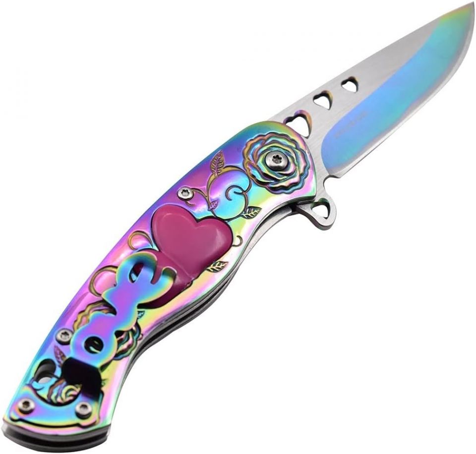 Snake Eye Spring Assist Cupid Heart Knife 3CR13 Steel/Rainbow Handle S ...