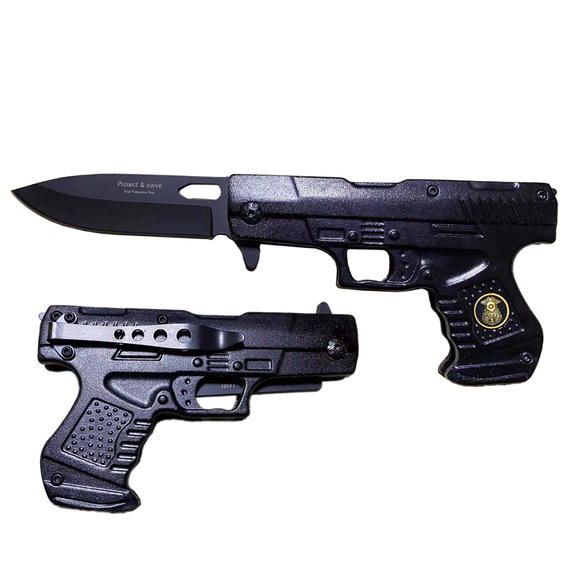 Spring Assist All Black Gun Knife 3CR13 SS Blade/Police Emblem on Handle w/Belt Clip SKU 14301