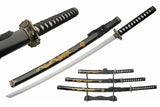 3 Piece Samurai Set w/Stand Carbon Steel Blades/Black Scabbard with Gold Dragon Etching SKU 927029-BK