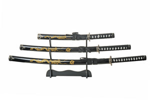 3 Piece Samurai Set w/Stand Carbon Steel Blades/Black Scabbard with Gold Dragon Etching SKU 927029-BK