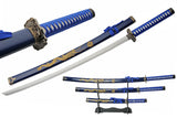 3 Piece Samurai Set w/Stand Carbon Steel Blades/Blue Scabbard with Gold Dragon Etching SKU 927029-BL