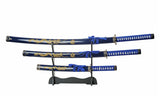 3 Piece Samurai Set w/Stand Carbon Steel Blades/Blue Scabbard with Gold Dragon Etching SKU 927029-BL