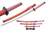 3 Piece Samurai Set w/Stand Carbon Steel Blades/Pink Scabbard with Gold Dragon Etching SKU 927029-PK