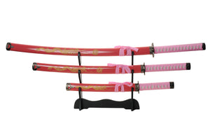 3 Piece Samurai Set w/Stand Carbon Steel Blades/Pink Scabbard with Gold Dragon Etching SKU 927029-PK