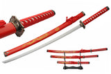 3 Piece Samurai Set w/Stand Carbon Steel Blades/Red Scabbard with Gold Dragon Etching SKU 927029-RD