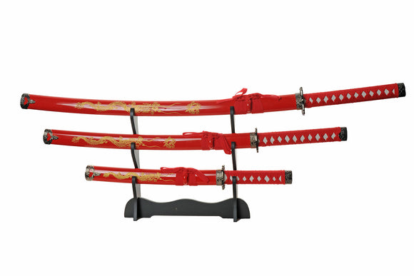 3 Piece Samurai Set w/Stand Carbon Steel Blades/Red Scabbard with Gold Dragon Etching SKU 927029-RD