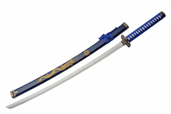 Samurai Katana Carbon Steel Blade/Blue Scabbard with Gold Dragon Etching SKU 927030-BL