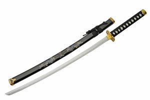 Samurai Katana Carbon Steel Blade/Black Scabbard with Double Dragon Etching SKU 927031-1