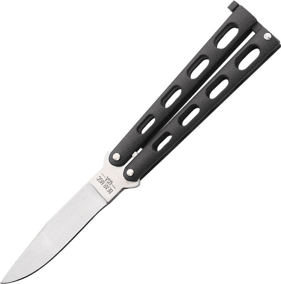 Bear & Son Butterfly Knife Stainless-Steel Clip Point Blade/Black Epoxy Powder Coated Metal Handle SKU BC113B