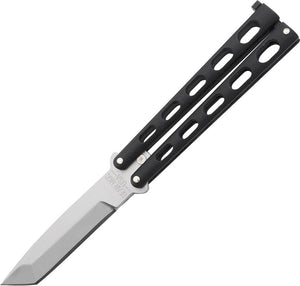 Bear & Son Armor Piercing Butterfly Knife Bead Blast Finish Stainless-Steel Tanto Blade/Black Die Cast Metal Handle SKU BC114AB