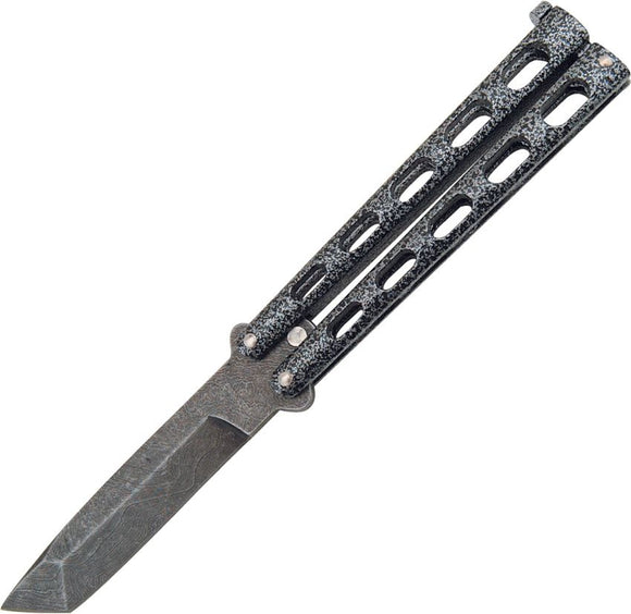 Bear & Son Butterfly Knife Damascus Steel Tanto Blade/Silver Vein Die Cast Metal Handle SKU BC114AD