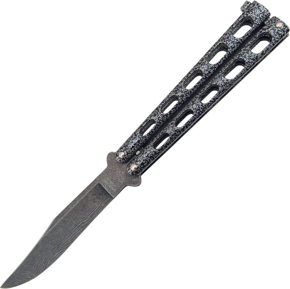 Bear & Son Butterfly Knife Damascus Steel Clip Point Blade/Silver Vein Die Cast Metal Handle SKU BC114D