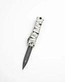 Microtech Mini Hera II Signature Series OTF Knife Double Edge M390MK SS Blade/Black & White Mummy Wrap Alum. Handle SKU 1702M-1HWMYS