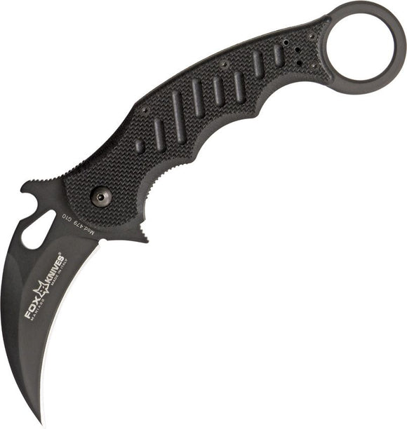 Fox Karambit Liner Lock Knife Black Non-Stick Coated N690Co Colbalt Vanadium Stainless Blade/Black G10 Handle SKU FOX479