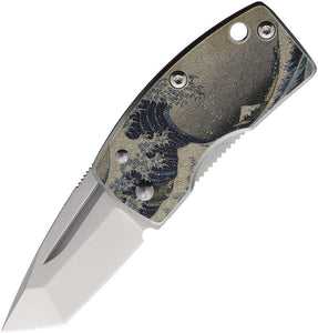 G. Sakai Money Clip Frame Lock Knife Satin Finish VG-10 Stainless Tanto Blade/Stainless Handle with Blue Wave Artwork SKU GS11604T