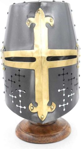 Medieval Warrior Templar Brass Crusader Knights Helmet w/Stand 18 Gauge Steel SKU HL-104