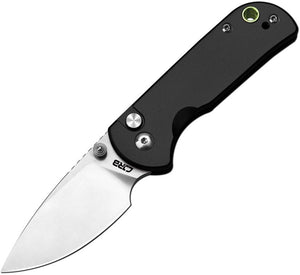 CJRB Mica Button Lock Knife Satin Finish AR-RPM9 Stainless Blade/Black Alum. Handle SKU J1934BK