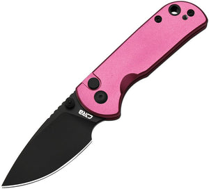 CJRB Mica Button Lock Knife Black PVD Coated AR-RPM9 Stainless Blade/Pink Alum. Handle SKU J1934BPK