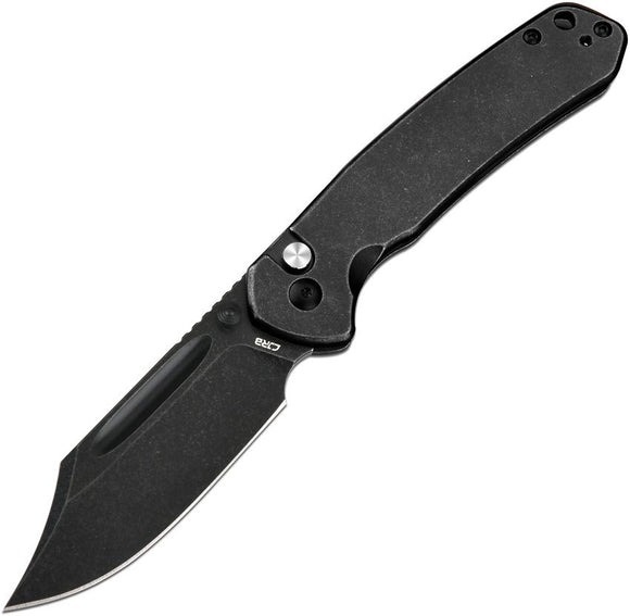 CJRB Bowie Pyrite Button Lock Knife Black Stonewash AR-RPM9 Stainless Blade/Black Steel Handle SKU J1942BST