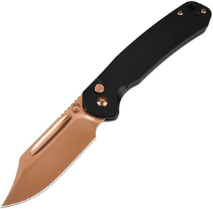 CJRB Bowie Pyrite Button Lock Knife Rose TiNi coated AR-RPM9 SS Blade/Black Steel Handle SKU J1942RG