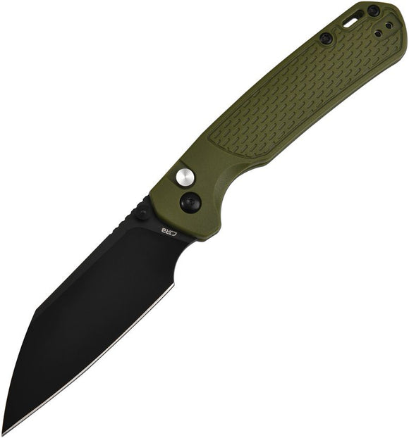 CJRB Pyrite-Light Button Lock Knife Black PVD Coated AR-RPM9 Steel Wharncliffe Blade/Green FRN Handle SKU J1945BGN