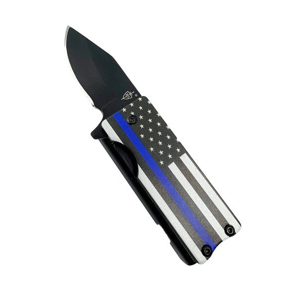 Spring Assist Pocket Knife with US Patented Lighter Holder Black 440 Stainless-Steel Blade/Blue & Black US Flag SKU KS1515BL