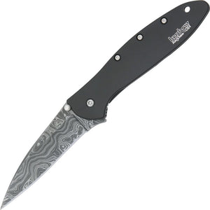 Kershaw Leek Frame Lock Assist Open Knife Damascus Steel Blade/Black Tungsten DLC Stainless Handle SKU KS1660DAMBK