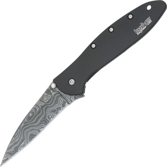 Kershaw Leek Frame Lock Assist Open Knife Damascus Steel Blade/Black Tungsten DLC Stainless Handle SKU KS1660DAMBK