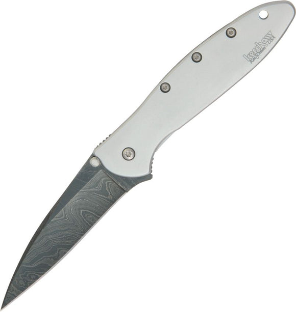 Kershaw Leek Frame Lock Assist Open Knife Damascus Steel Blade/Bead Blast Finish Stainless Handle SKU KS1660DAM